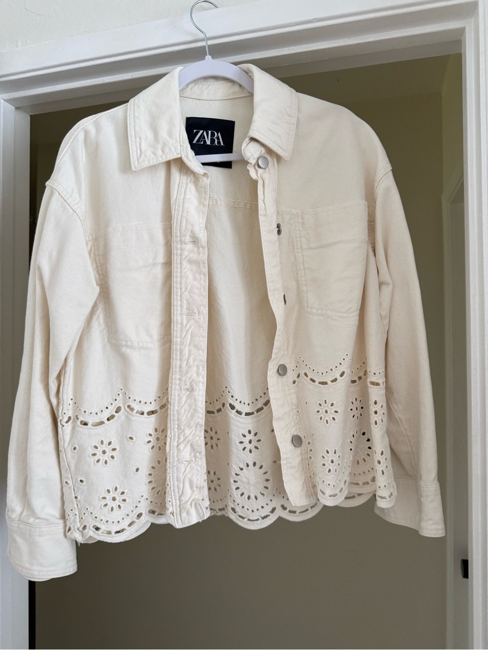 Zara Cream Eyelet-Trim Denim Jacket
